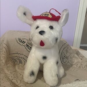 White Plush Dalmatian Dog with Red Fire Hat - Soft plush like new